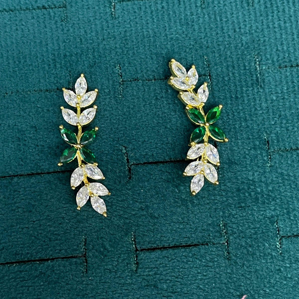 92.5 silver gold plated leaf green stone earcuffs pair