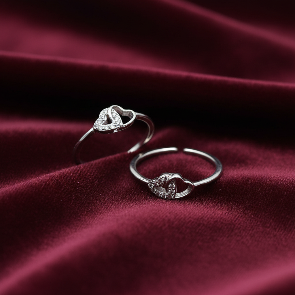 92.5 Sterling Silver Double Heart Toe Rings for Women | Romantic Elegant Design