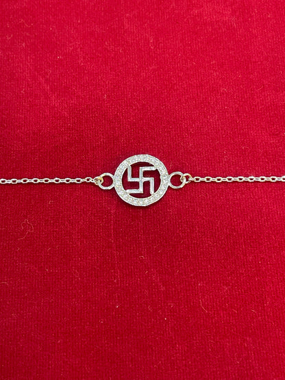 925 Sterling Silver Swastik Rakhi | Stone-Studded Chain Rakhi for Raksha Bandhan