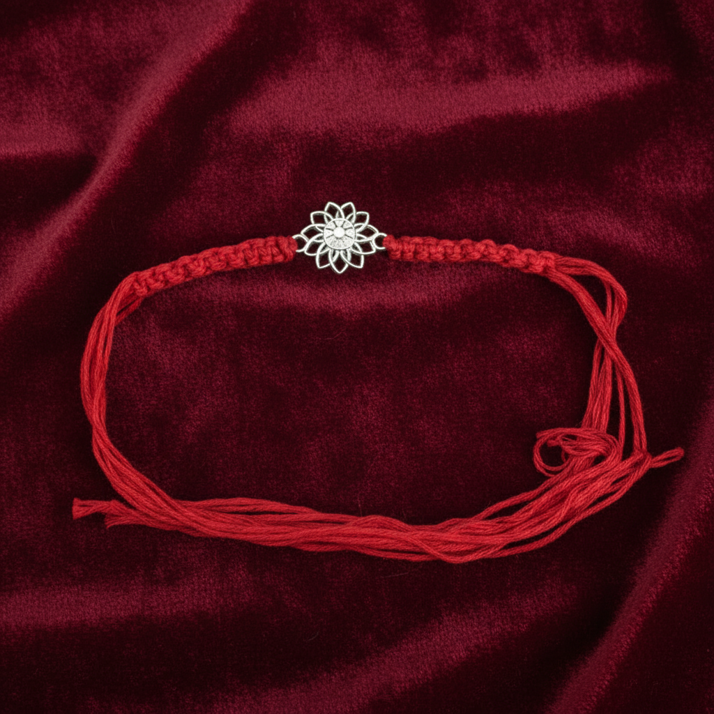 925 Sterling Silver Lotus Rakhi | Red Thread Rakhi for Raksha Bandhan