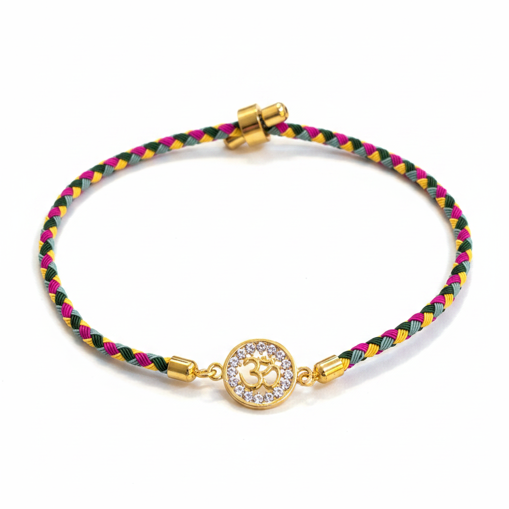 Silver Om Rakhi for Brother | Gold Plated Om Charm with Multicolour Braided Thread