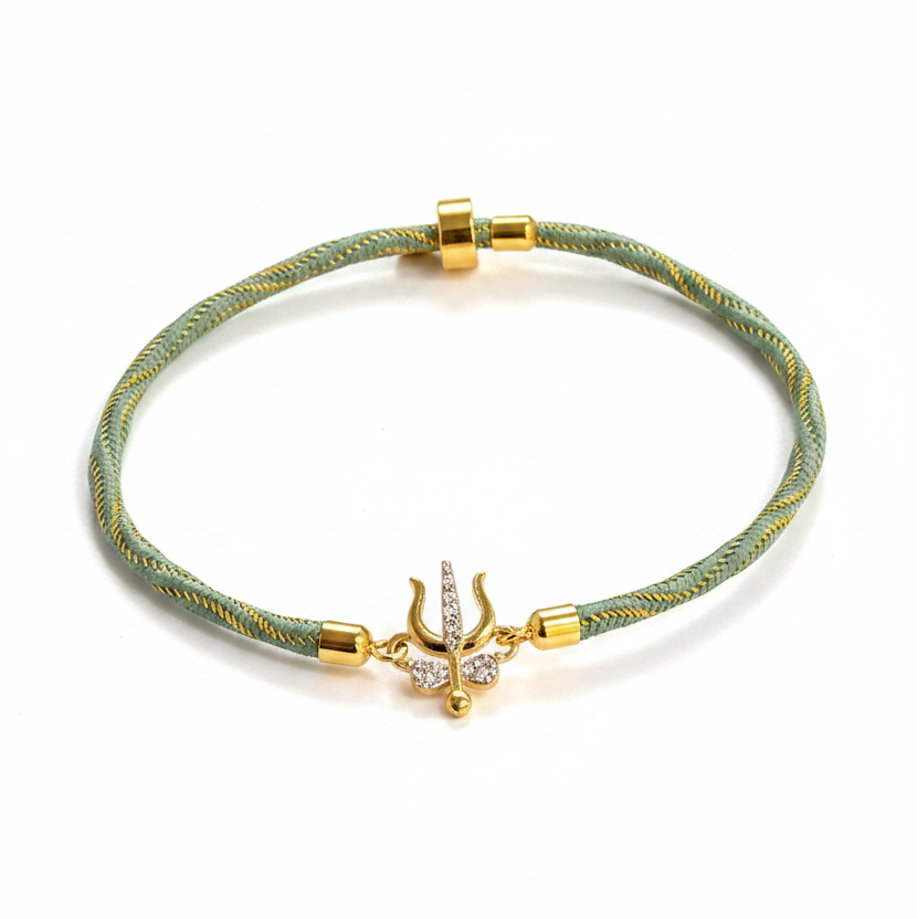 Silver Trishul Rakhi for Brother | Gold Plated Trishul Charm with CZ Stones on Mint Green Thread