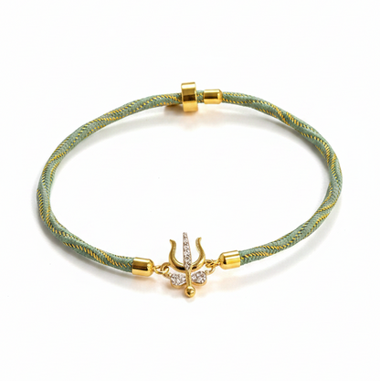 Silver Trishul Rakhi for Brother | Gold Plated Trishul Charm with CZ Stones on Mint Green Thread