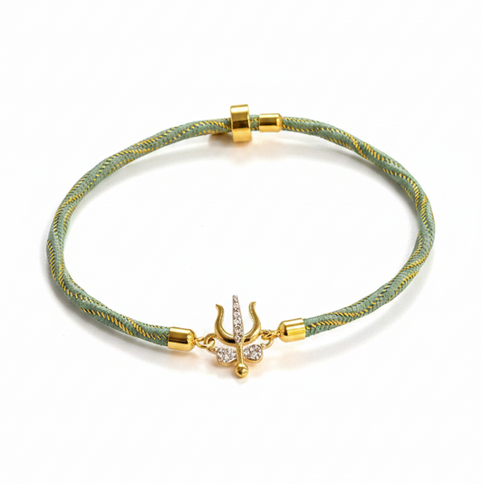 Silver Trishul Rakhi for Brother | Gold Plated Trishul Charm with CZ Stones on Mint Green Thread