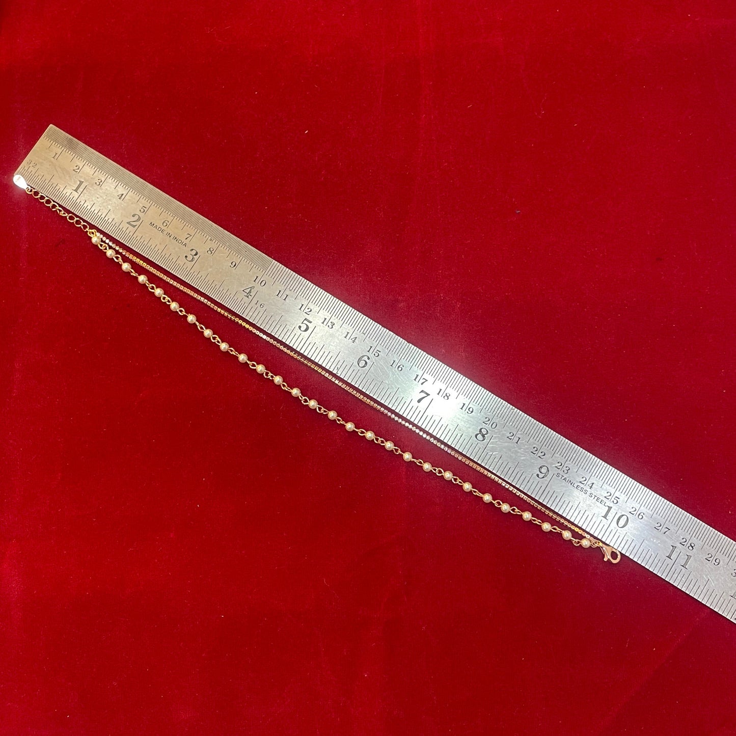 925 Silver Rose Gold Double Layer Pearl & CZ Anklet Pair