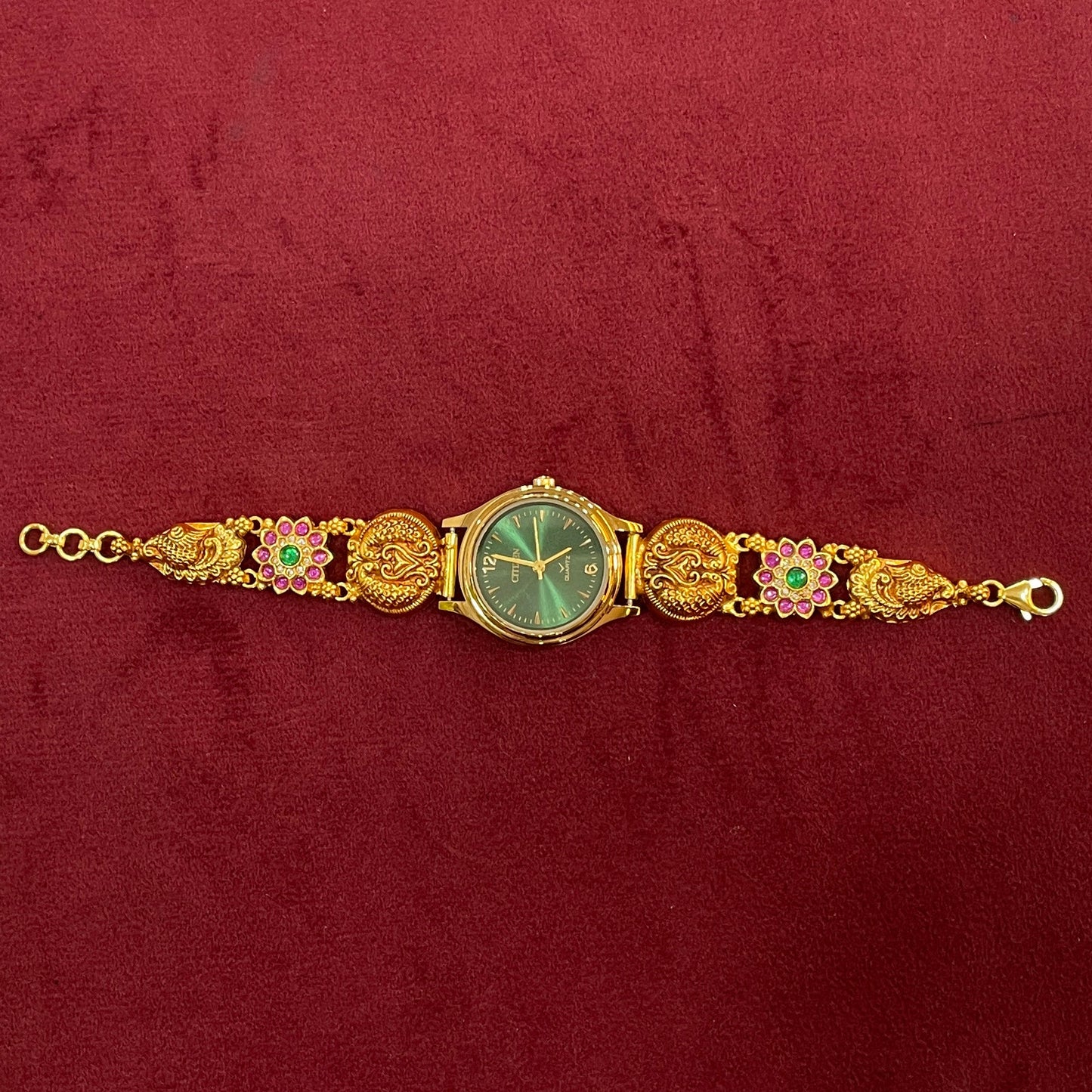 925 Silver Gold-Plated Nakshi Bracelet Watch for Women | Teal Dial | Peacock Strap with Ruby & Emerald CZ Flowers