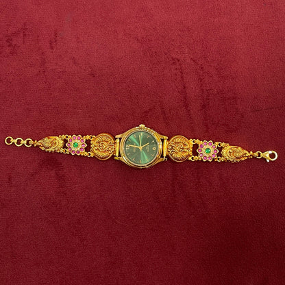 925 Silver Gold-Plated Nakshi Bracelet Watch for Women | Teal Dial | Peacock Strap with Ruby & Emerald CZ Flowers