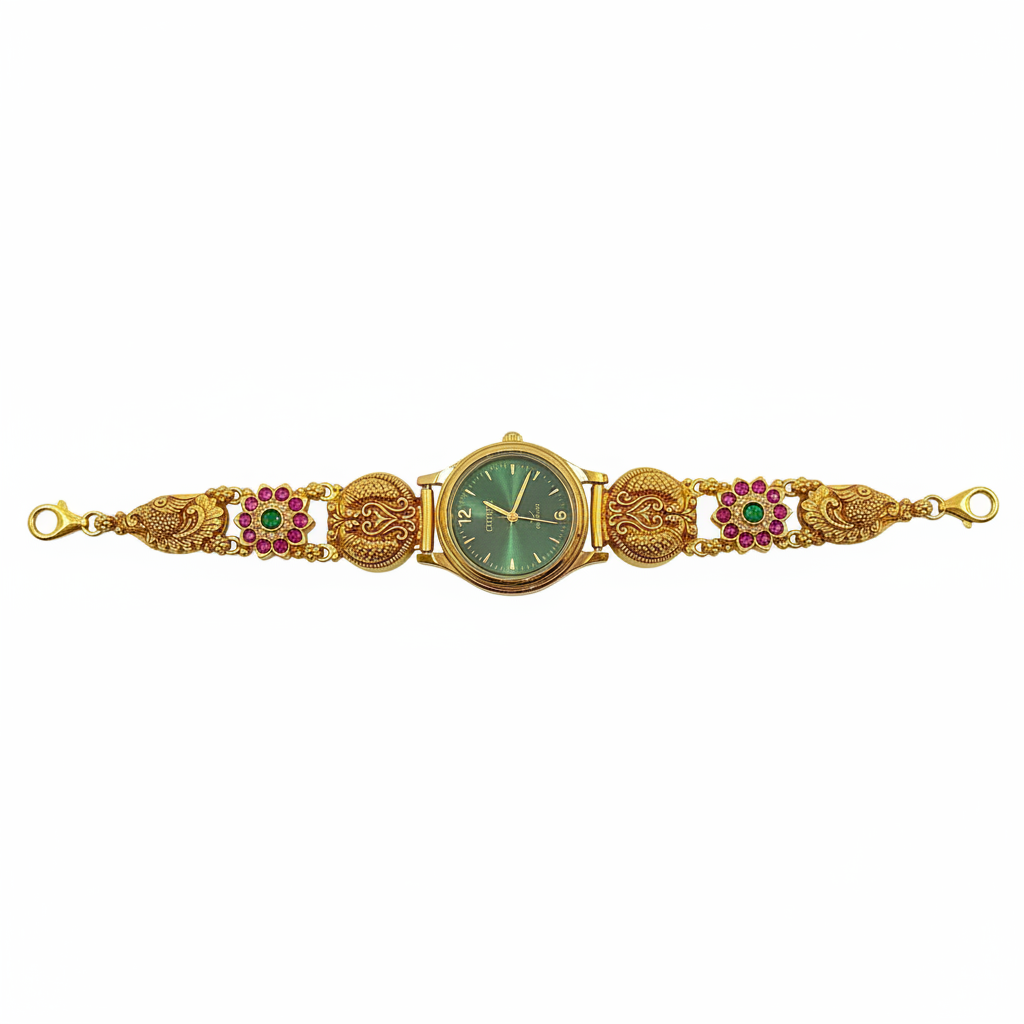 925 Silver Gold-Plated Nakshi Bracelet Watch for Women | Teal Dial | Peacock Strap with Ruby & Emerald CZ Flowers