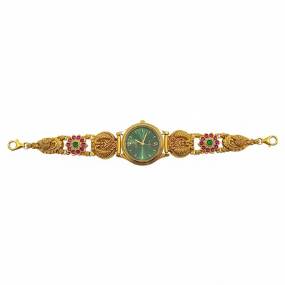 925 Silver Gold-Plated Nakshi Bracelet Watch for Women | Teal Dial | Peacock Strap with Ruby & Emerald CZ Flowers