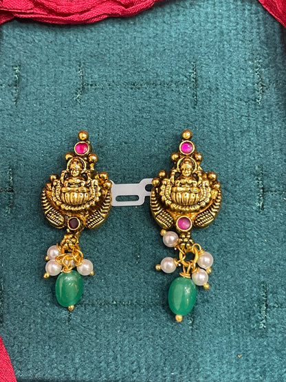 92.5 Silver Gold Plated Lakshmi Emarald Pearl Drop Earrings