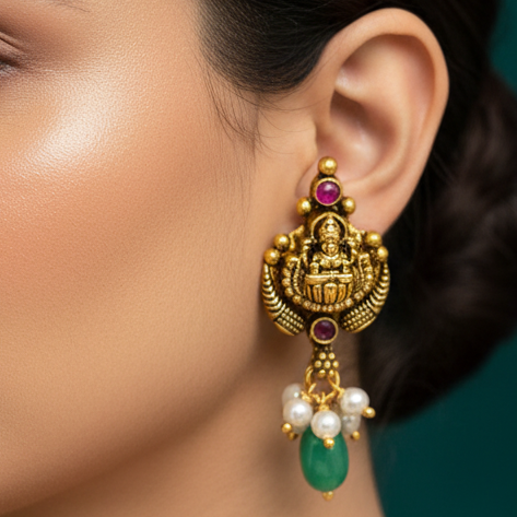 92.5 Silver Gold Plated Lakshmi Emerald Pearl Drop Earrings