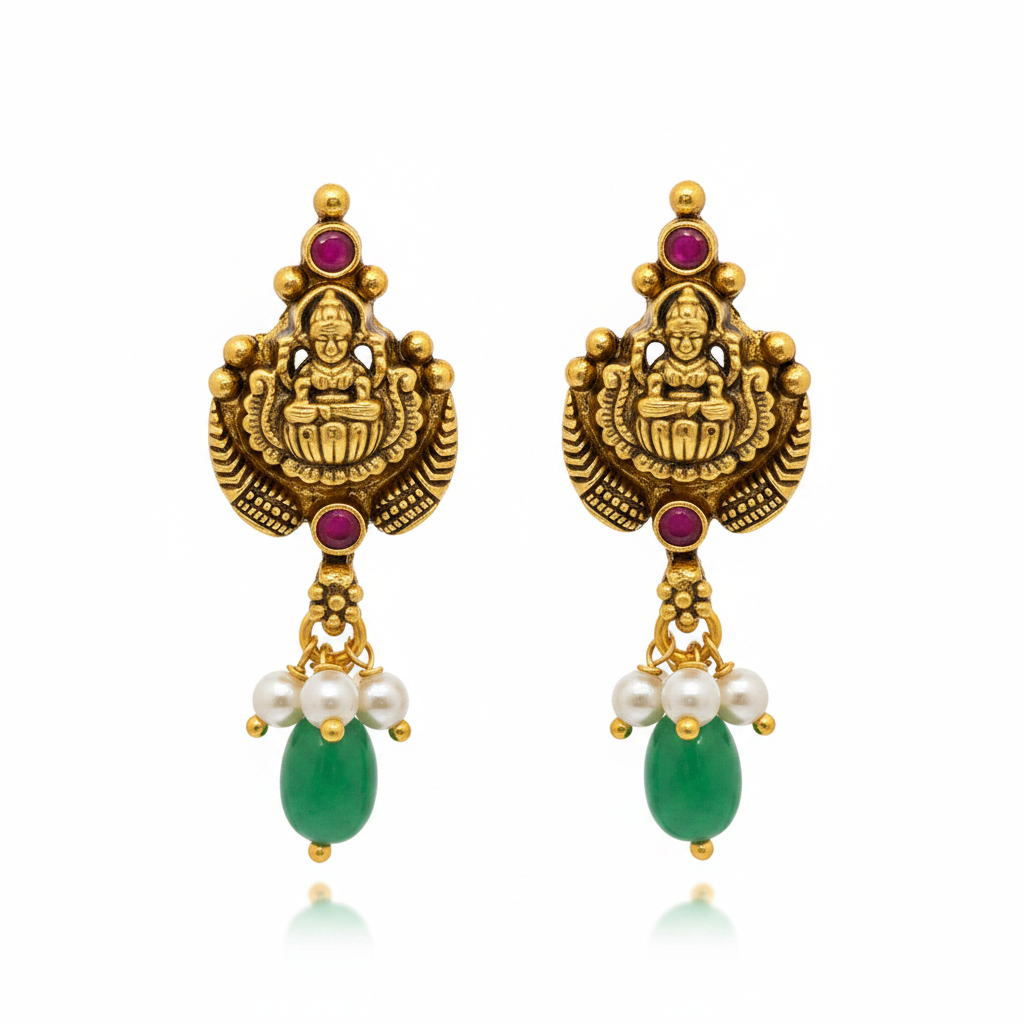 92.5 Silver Gold Plated Lakshmi Emerald Pearl Drop Earrings