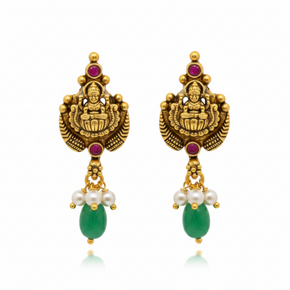 92.5 Silver Gold Plated Lakshmi Emerald Pearl Drop Earrings