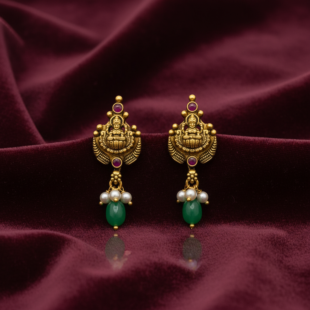 92.5 Silver Gold Plated Lakshmi Emerald Pearl Drop Earrings