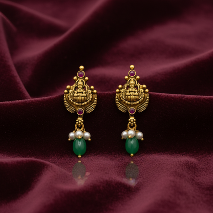 92.5 Silver Gold Plated Lakshmi Emerald Pearl Drop Earrings