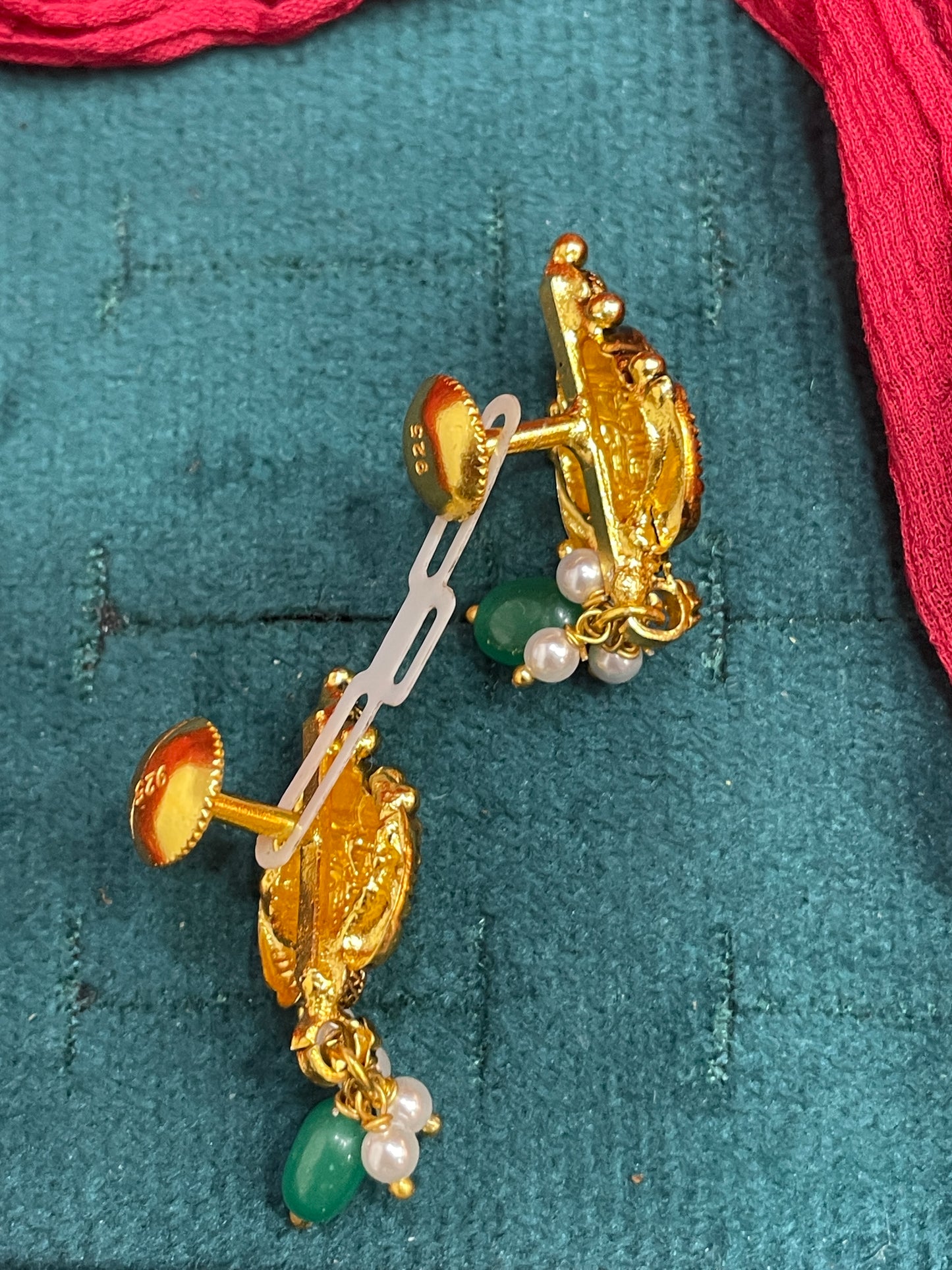 92.5 Silver Gold Plated Lakshmi Emarald Pearl Drop Earrings