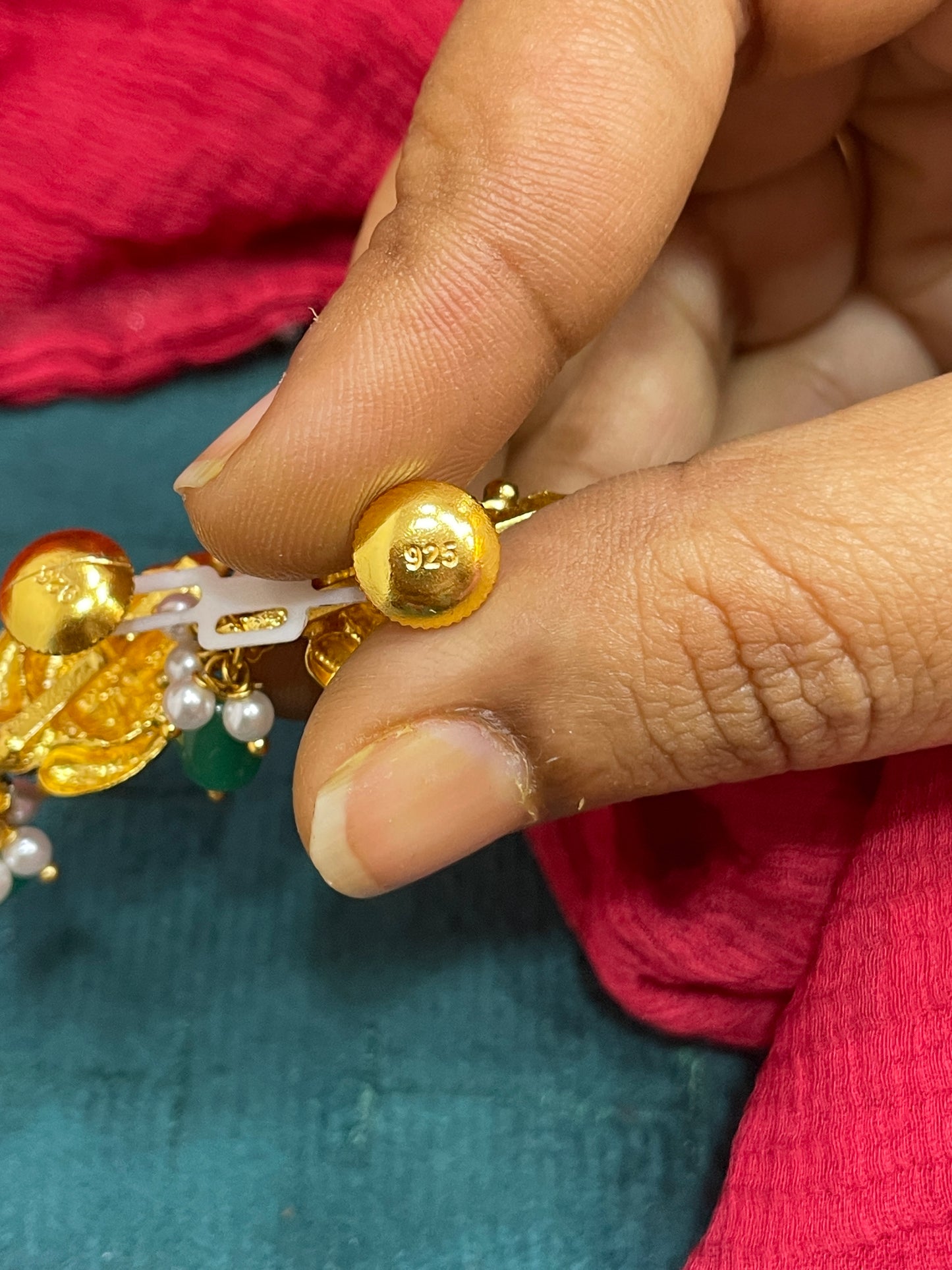 92.5 Silver Gold Plated Lakshmi Emarald Pearl Drop Earrings