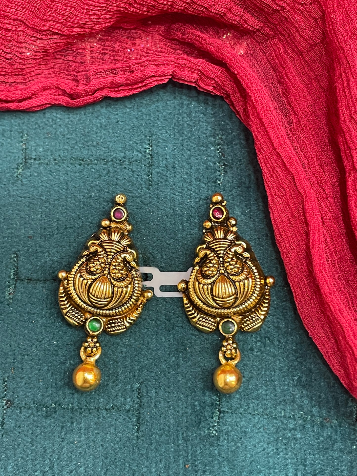 92.5 Silver Gold Plated Peacock Temple Earrings