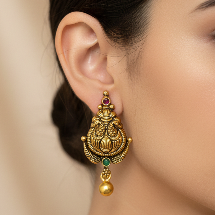 92.5 Silver Gold Plated Peacock Temple Earrings