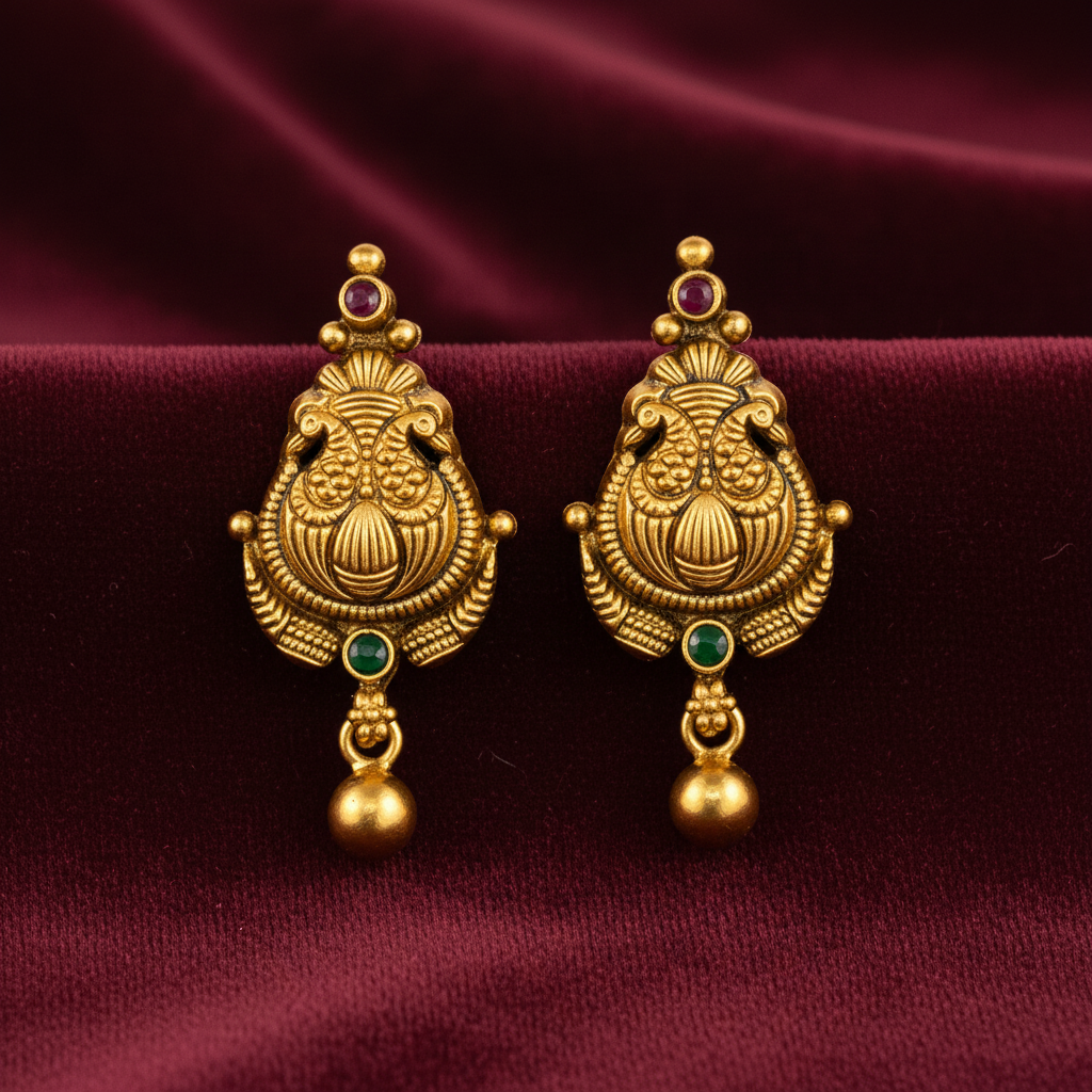 92.5 Silver Gold Plated Peacock Temple Earrings