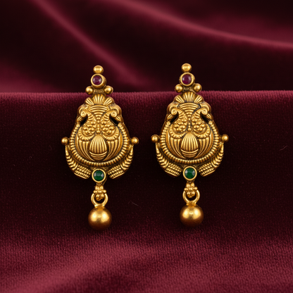 92.5 Silver Gold Plated Peacock Temple Earrings