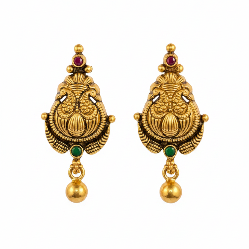 92.5 Silver Gold Plated Peacock Temple Earrings