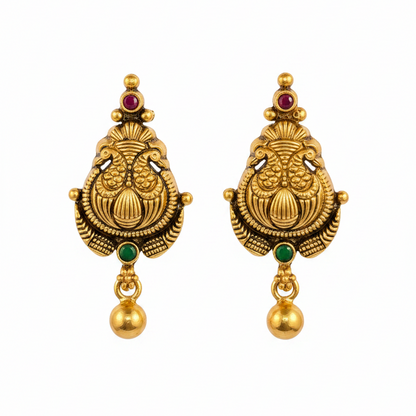 92.5 Silver Gold Plated Peacock Temple Earrings