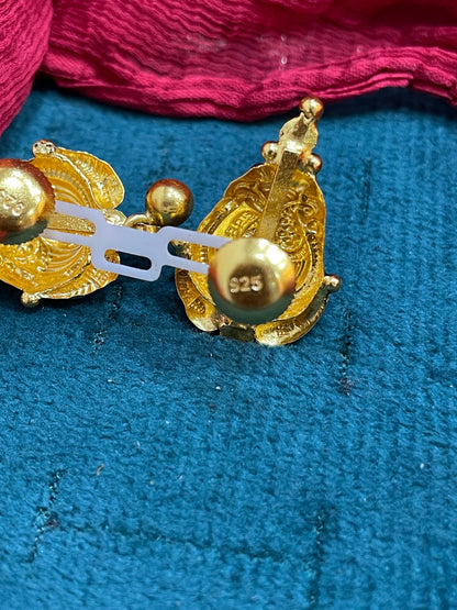 92.5 Silver Gold Plated Peacock Temple Earrings