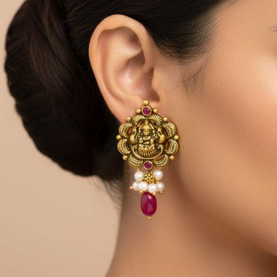 92.5 Silver Gold Plated Lakshmi Earrings
