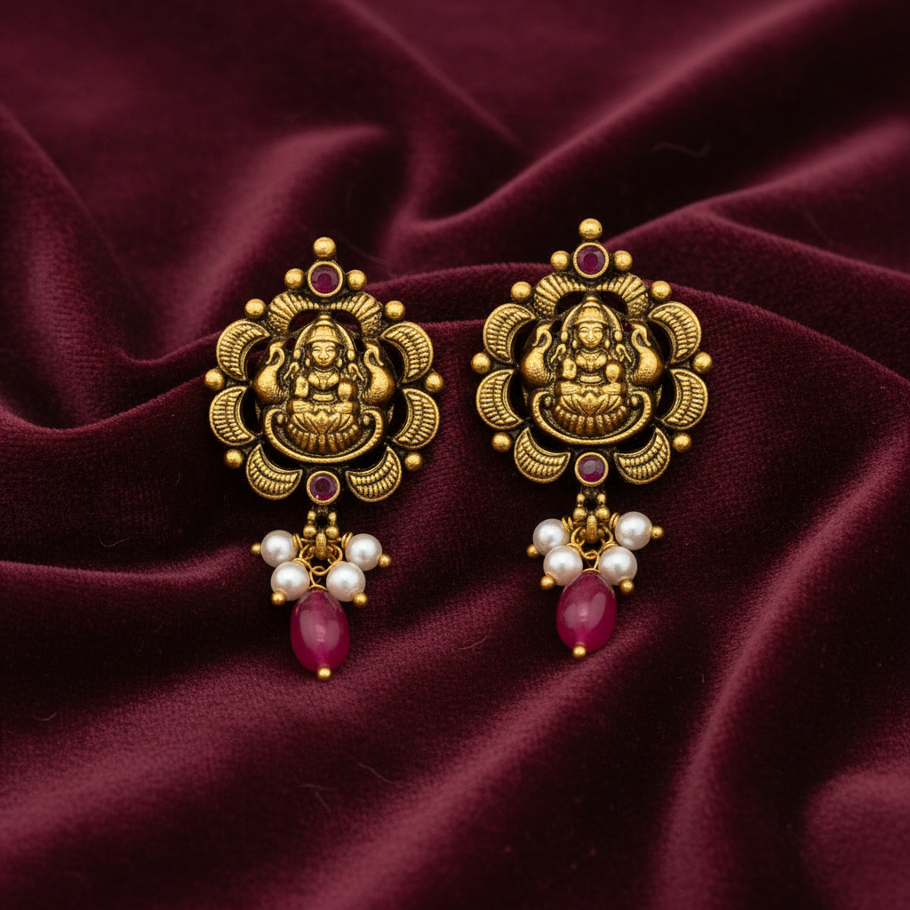 92.5 Silver Gold Plated Lakshmi Earrings