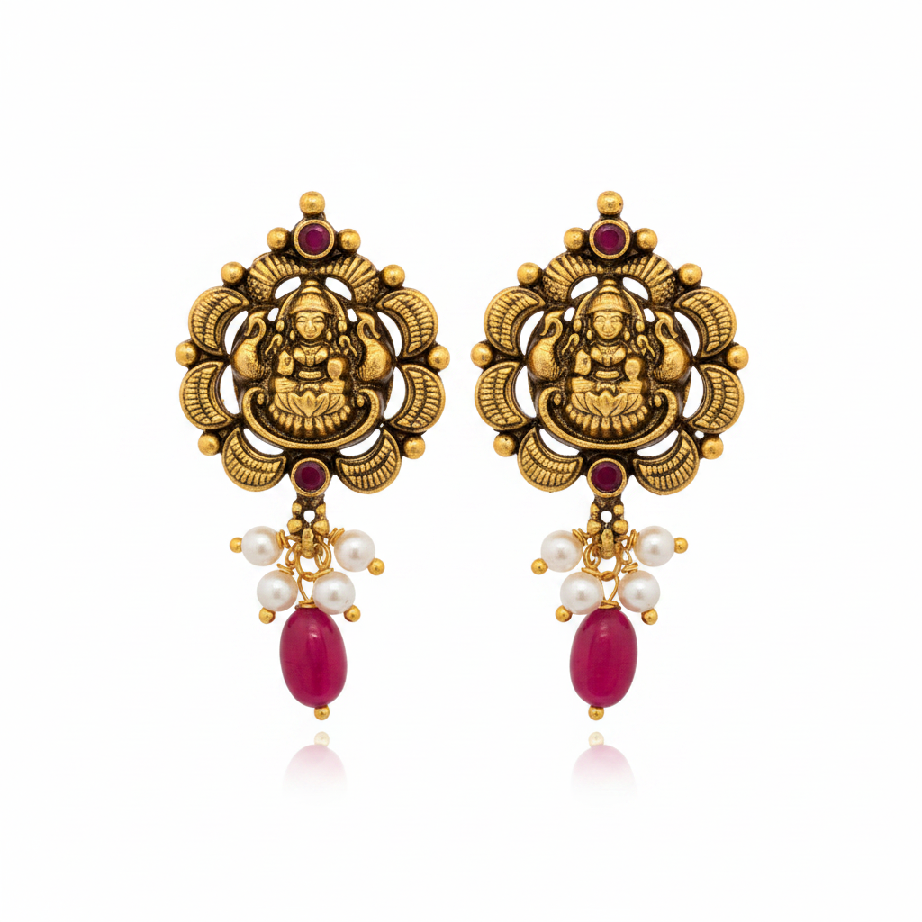 92.5 Silver Gold Plated Lakshmi Earrings