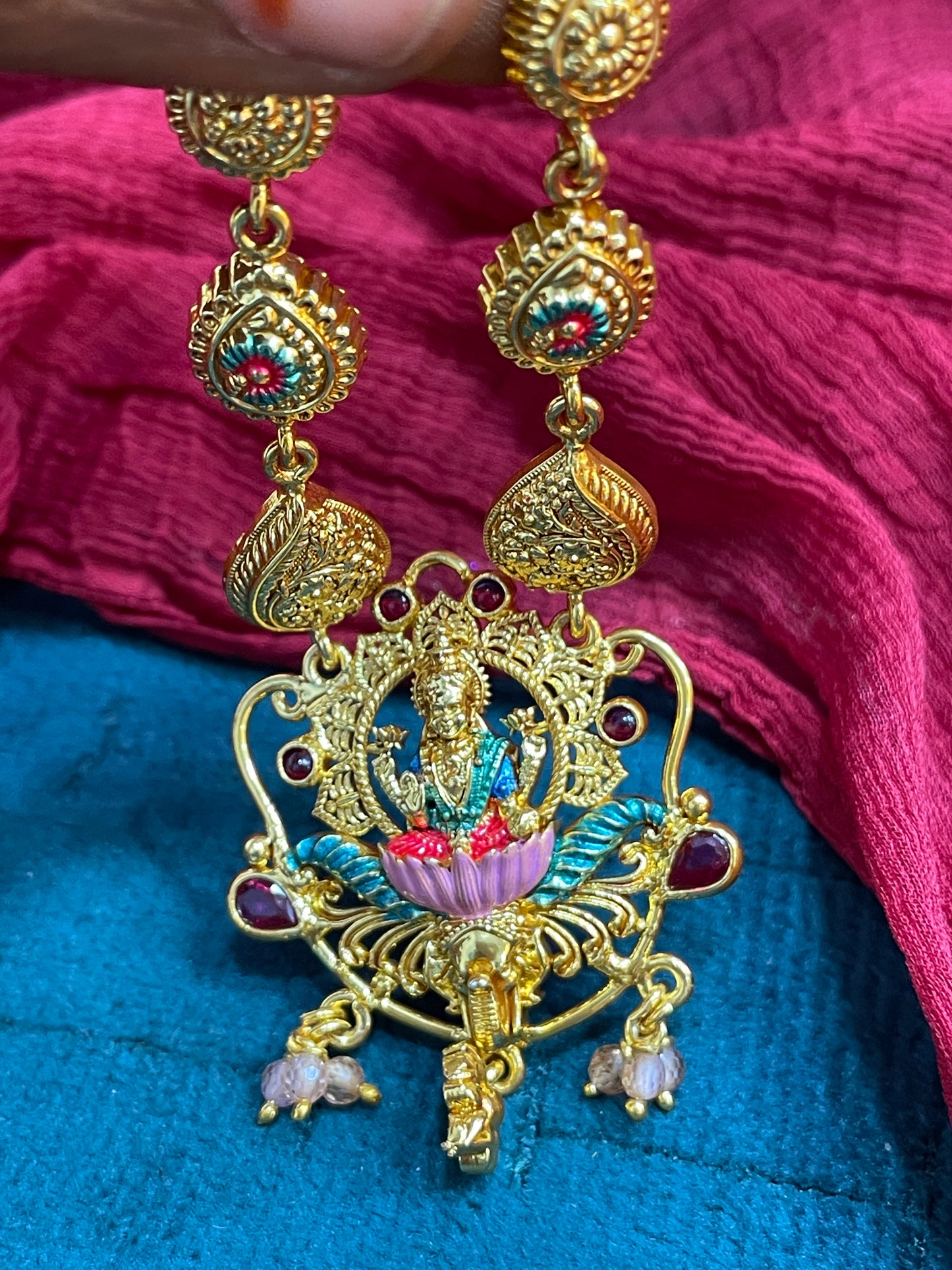 92.5 Silver Gold Plated Lakshmi Temple Pendant Necklace
