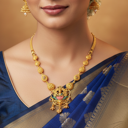92.5 Silver Gold Plated Lakshmi Temple Pendant Necklace
