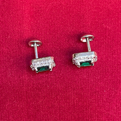 92.5 Sterling Silver Earrings for Women | Rectangular Green Stone with White Stone Halo pair