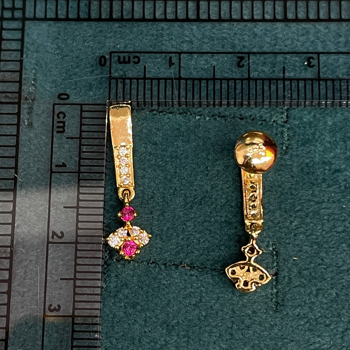 92.5 Sterling Silver Gold Plated White CZ Bar Top & Ruby CZ Floral Drop Earrings for Women