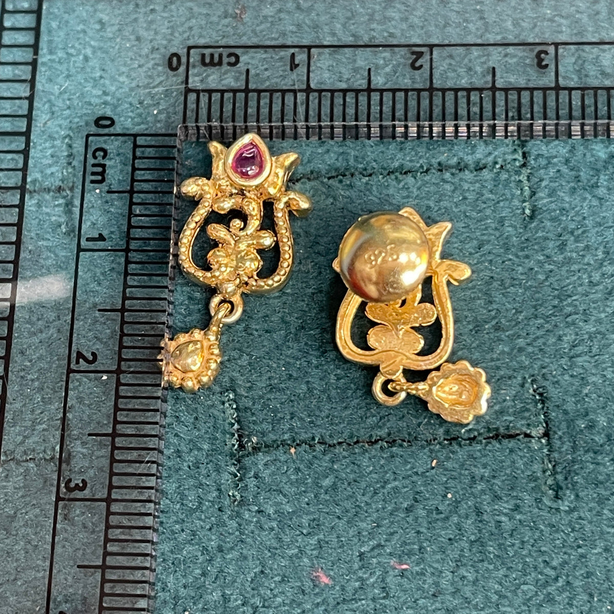92.5 Silver Gold Plated Earrings for Women | Classy Temple Style with Ruby Stone Drop pair
