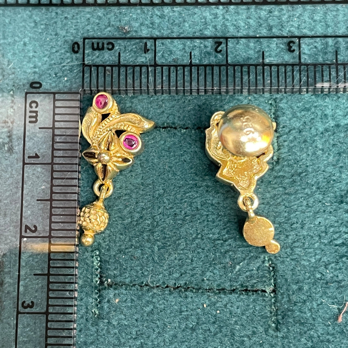 92.5 Sterling Silver Gold Plated Nakshi Ruby Cabochon Drop Earrings for Women