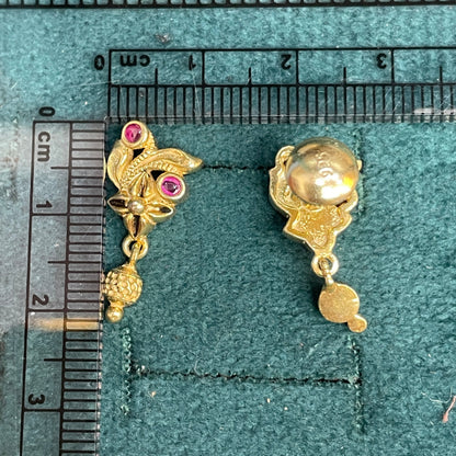 92.5 Sterling Silver Gold Plated Nakshi Ruby Cabochon Drop Earrings for Women