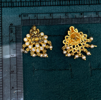 92.5 Sterling Silver Gold Plated Antique Goddess Lakshmi & White CZ Lotus Fan Pearl Drop Stud Earrings for Women