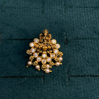 92.5 Sterling Silver Gold Plated Antique Goddess Lakshmi & White CZ Lotus Fan Pearl Drop Stud Earrings for Women