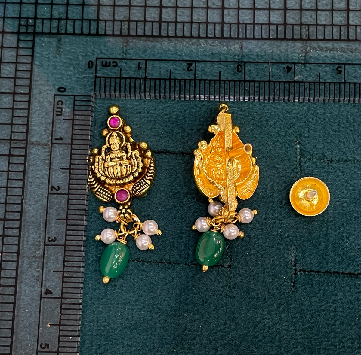 92.5 Silver Gold Plated Lakshmi Emerald Pearl Drop Earrings pair