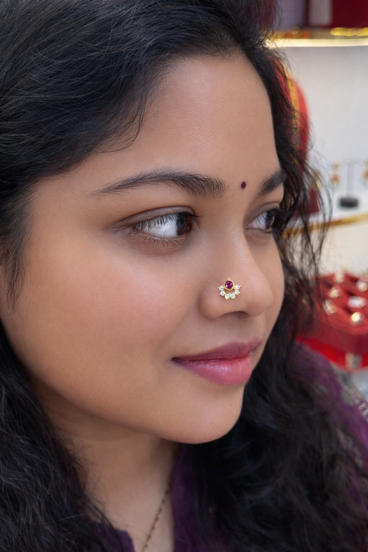 Ruby Chandbali Nose Pin (Single Piece) | Stylish Traditional Design | Elegant Jewellery