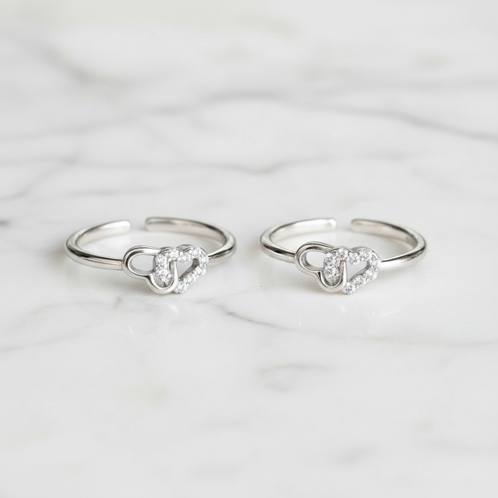 92.5 Sterling Silver CZ Heart & Loop Knot Toe Rings for Women