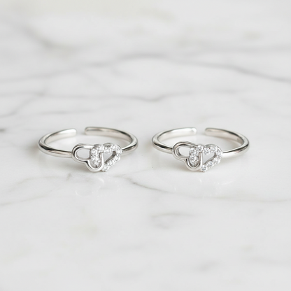 92.5 Sterling Silver CZ Heart & Loop Knot Toe Rings for Women