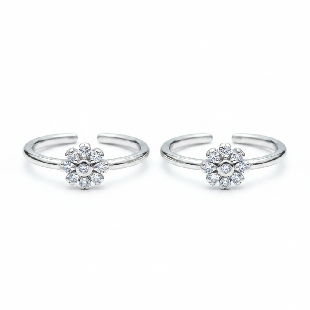 92.5 Sterling Silver CZ Sunflower Petal Toe Rings for Women