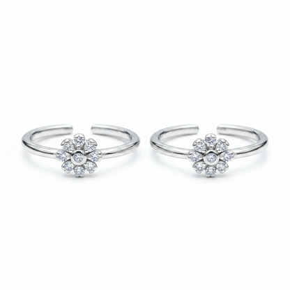 92.5 Sterling Silver CZ Sunflower Petal Toe Rings for Women