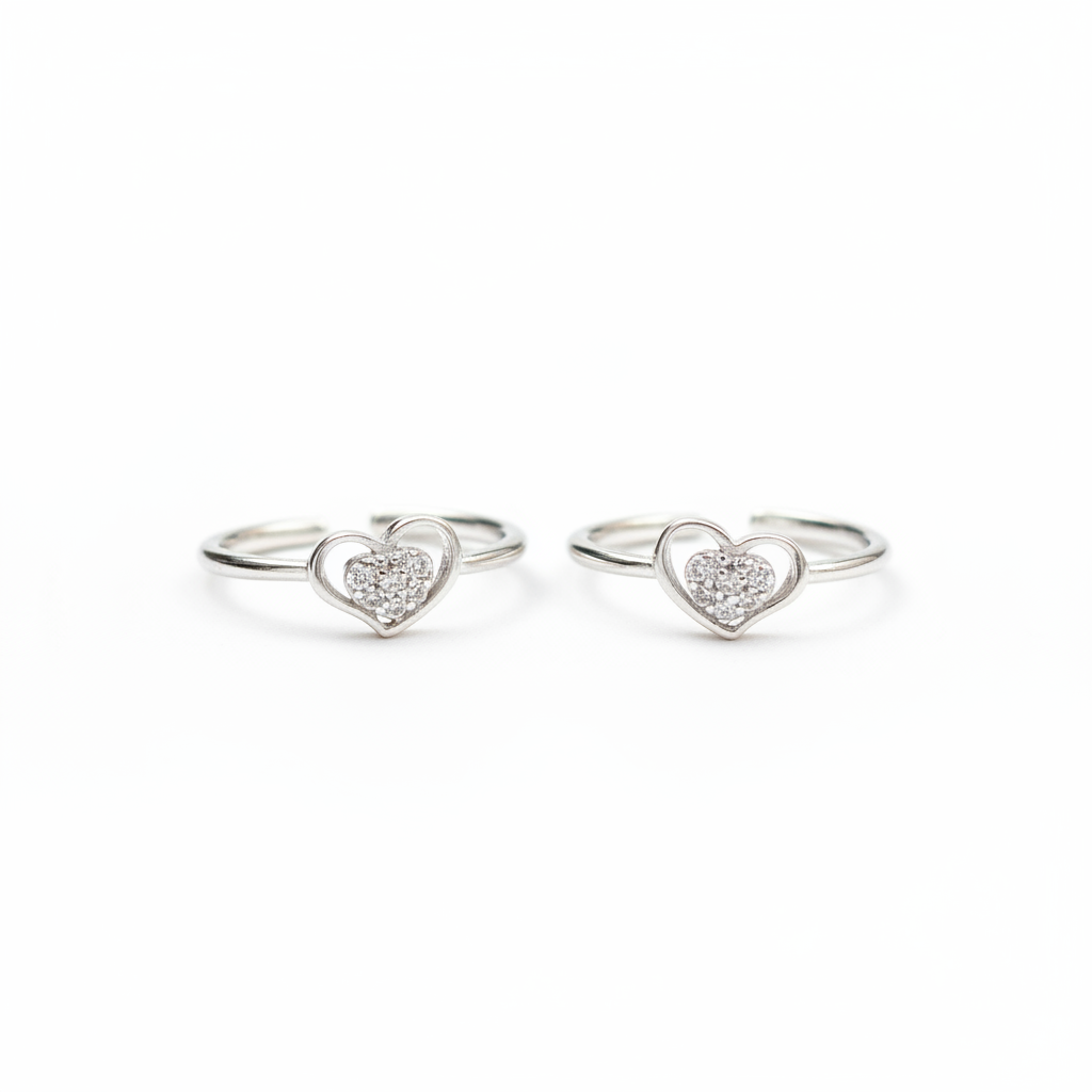 92.5 Sterling Silver CZ Cluster Open Heart Toe Rings for Women