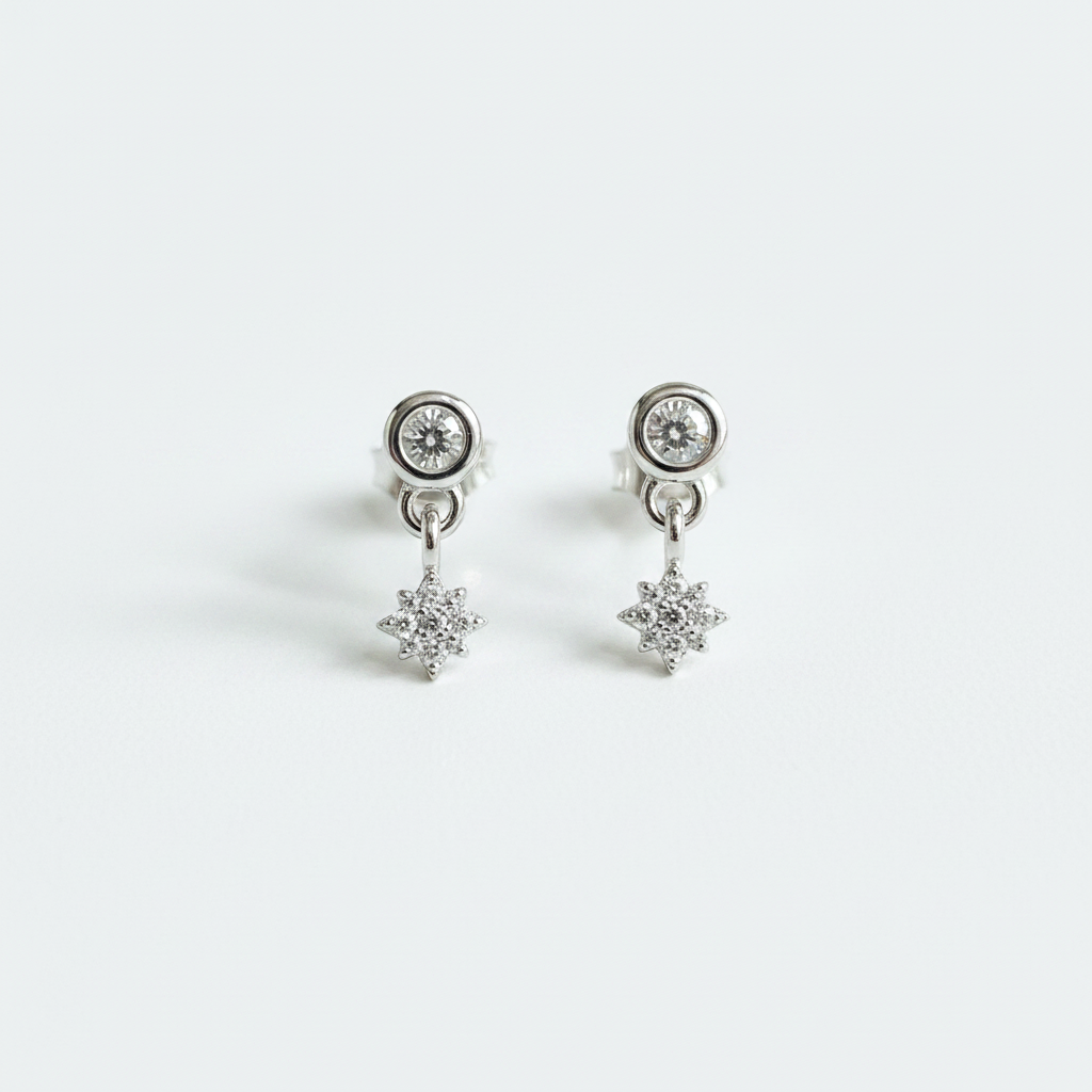 92.5 Sterling Silver Round Bezel White CZ Solitaire & CZ Star Drop Earrings for Women