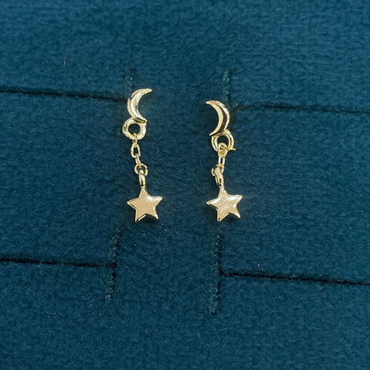92.5 Sterling Silver Gold Plated Crescent Moon & Star Charm Drop Earrings for Women