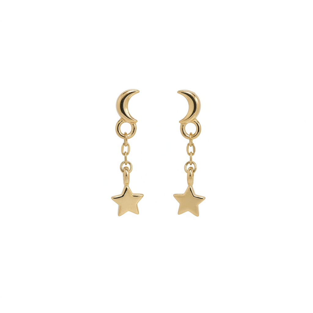 92.5 Sterling Silver Gold Plated Crescent Moon & Star Charm Drop Earrings for Women